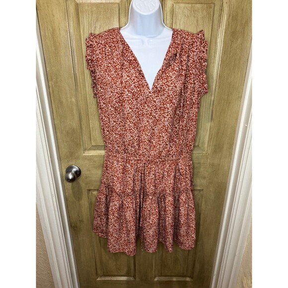 Pinch V Neck Dusty Rose Floral Tiered Ruffle Mini Dress Size Large - Picture 1 of 7